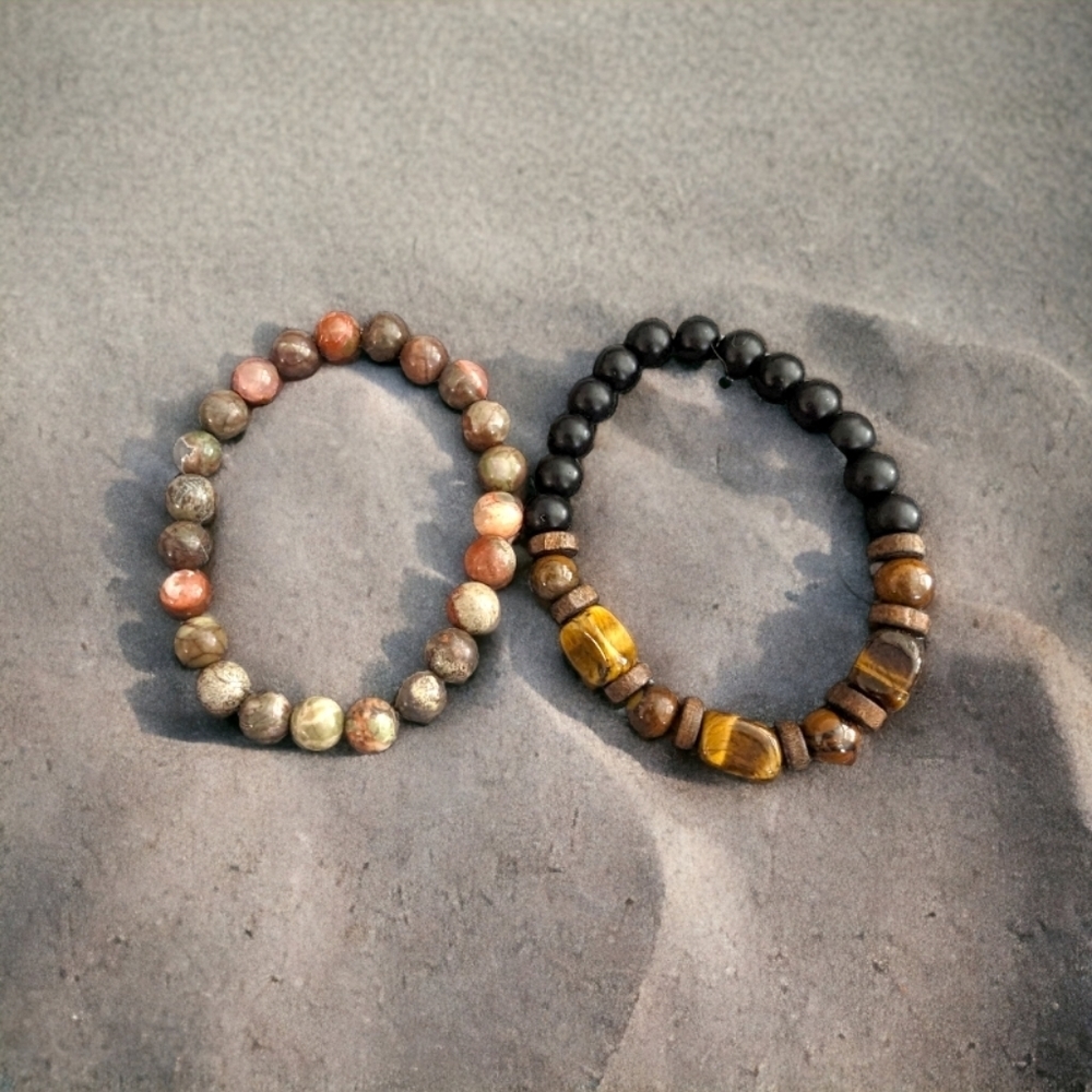 2 Piece Bracelet Stack - Tiger Eye & Picasso Jasper Natural Stones - Picture 3 of 3